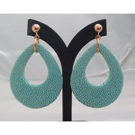 Rosé vergulde oorbellen met druppel van Turkoois blauwe Roggenleer