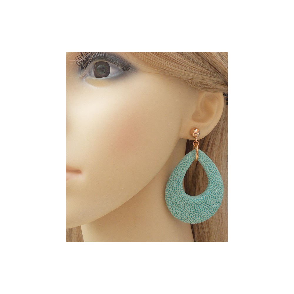 Rosé vergulde oorbellen met druppel van Turkoois blauwe Roggenleer