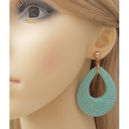 Rosé vergulde oorbellen met druppel van Turkoois blauwe Roggenleer