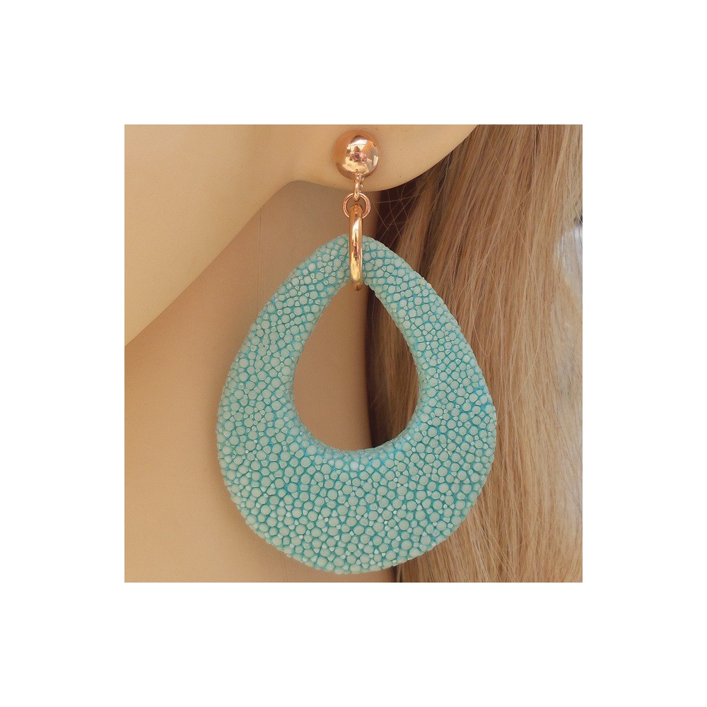 Rosé vergulde oorbellen met druppel van Turkoois blauwe Roggenleer