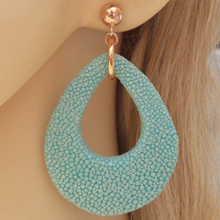 Rosé vergulde oorbellen met druppel van Turkoois blauwe Roggenleer