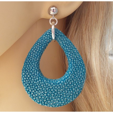 Zilveren oorbellen met druppel van oceaan blauwe Roggenleer 