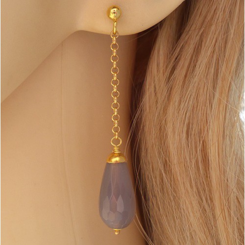 Vergulde lange oorbellen met grijze Agaat briolet