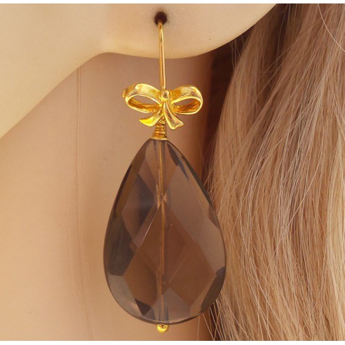 Vergulde oorbellen met grote Smokey Topaas briolet