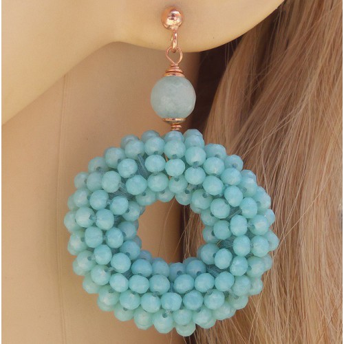 Rosé vergulde oorbellen ronde hanger van Turkoois blauwe kristallen en Amazoniet