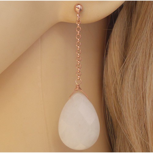 Rosé vergulde lange oorbellen met witte Jade briolet