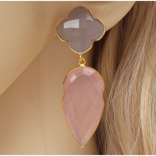 Vergulde oorbellen met roze en grijze Chalcedoon
