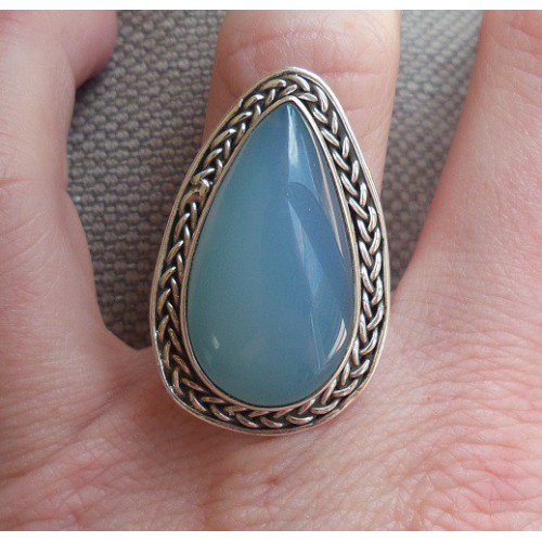Zilveren ring druppelvormige kop met Chalcedoon maat 17.3 mm 