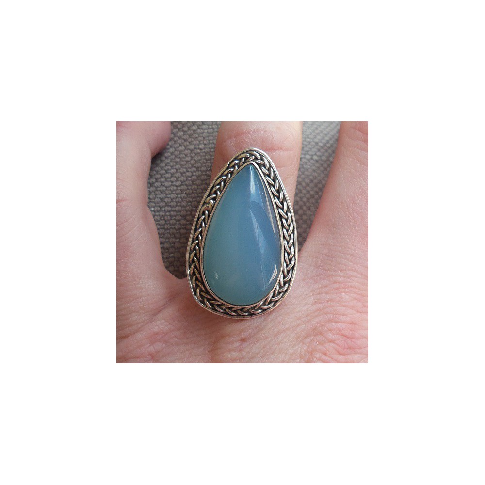 Zilveren ring druppelvormige kop met Chalcedoon maat 17.3 mm 