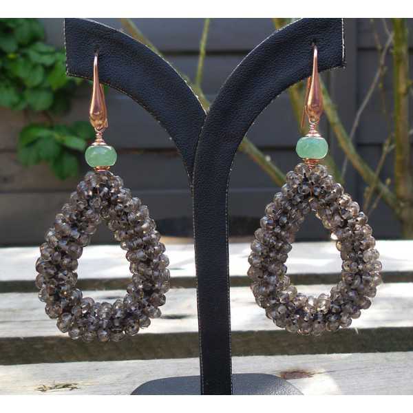 Rosé gold-plated earrings drop of Smokey Topazes and Aventurine 
