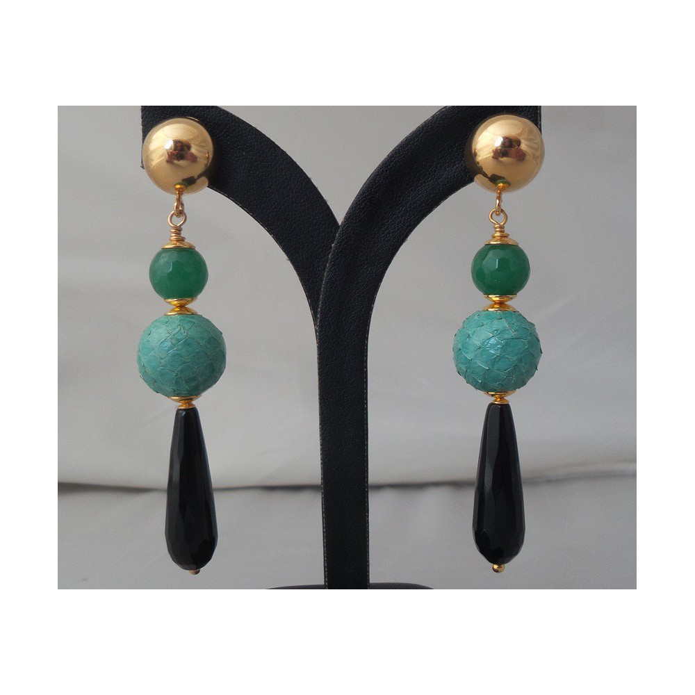 Gold plated earrings with Onyx, Jade and sphere of Snakeskin