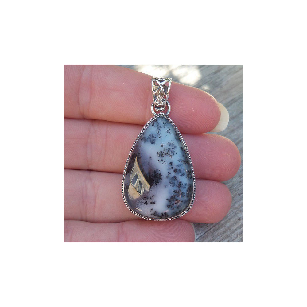 Silver pendant Dendrite Opal carved setting 