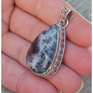 Silver pendant Dendrite Opal carved setting 
