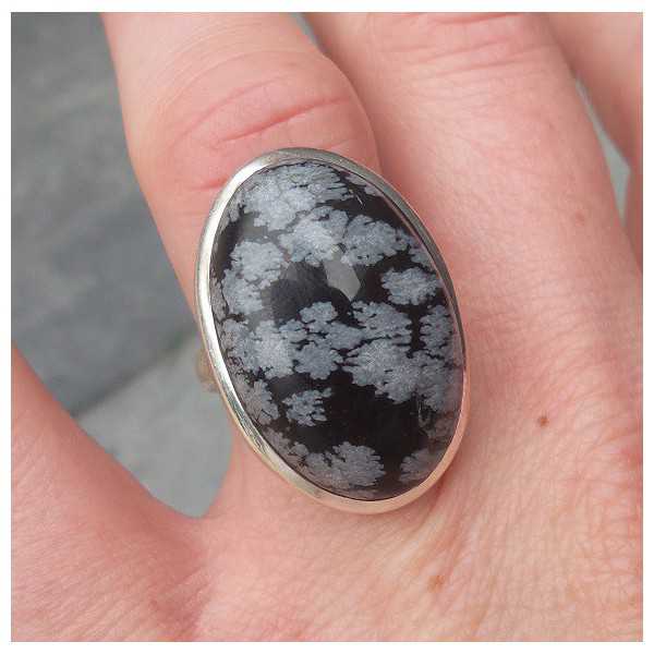 Silber ring set mit ovalen Schneeflocke Obsidian 17.3 mm 