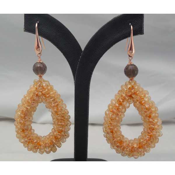Rosé gold-plated earrings drop of Citrine and Smokey Topaz