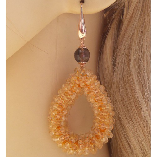 Rosé vergulde oorbellen druppel van Citrien en Smokey Topaas