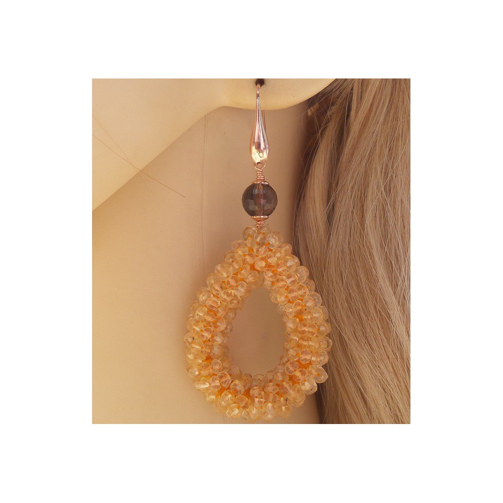 Rosé gold-plated earrings drop of Citrine and Smokey Topaz