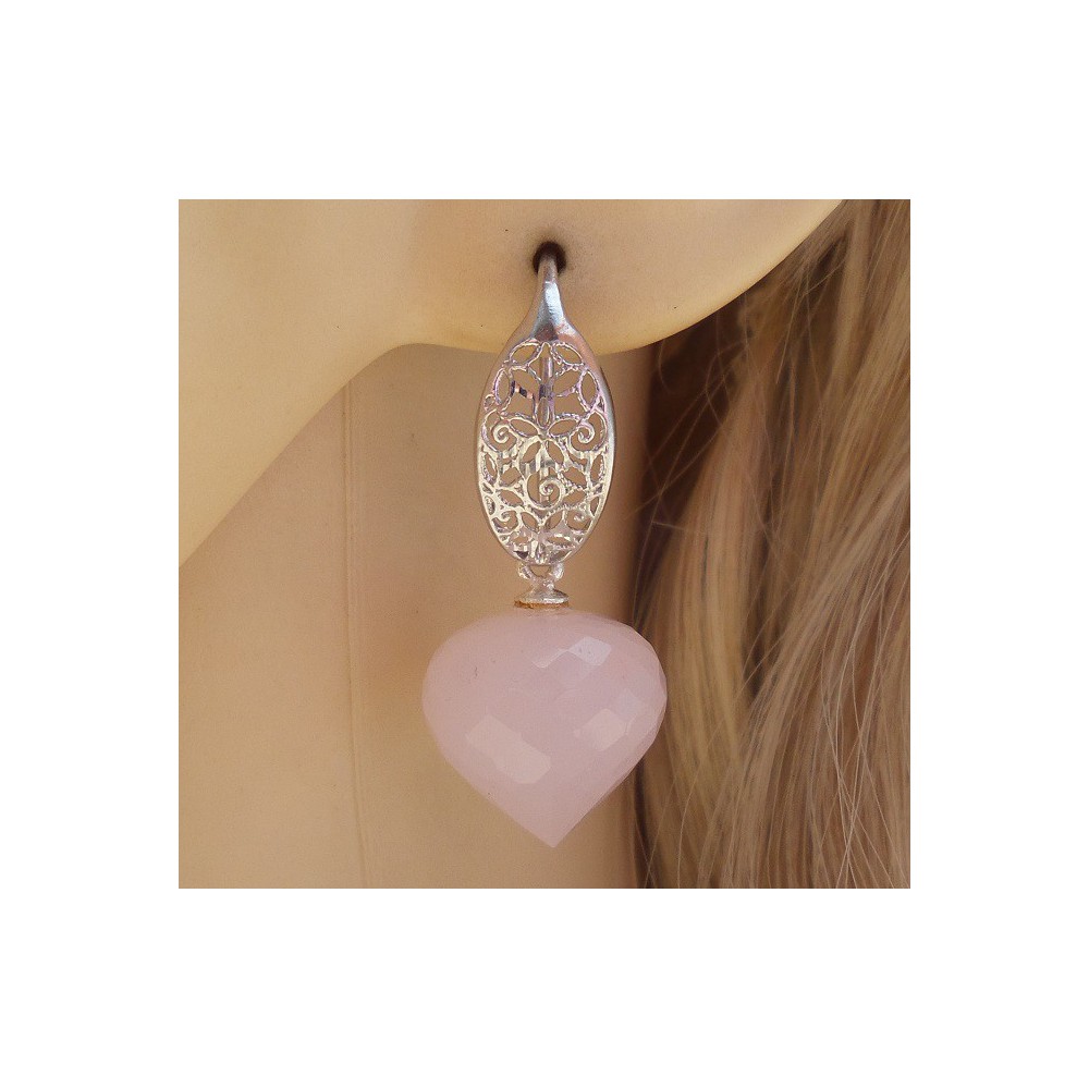 Silver earrings set with pink Chalcedony onion briolet