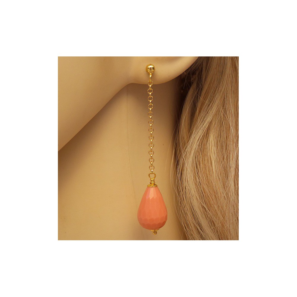 Gold plated long earrings with orange Coral briolet