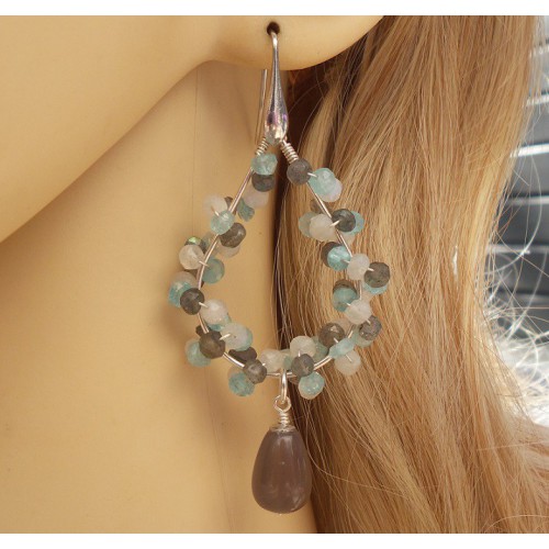 Zilveren oorbellen met Maansteen, Topaas, Labradoriet en Agaat