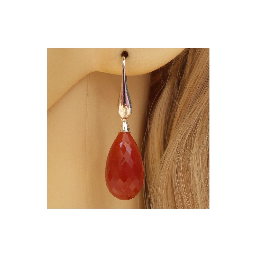 Silver earrings set with red Onyx briolet