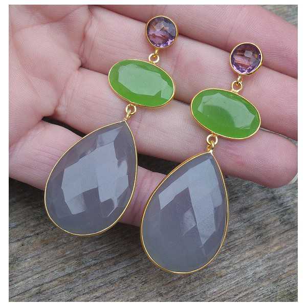 Gold plated earrings with grey and green Chalcedony and Amethyst
