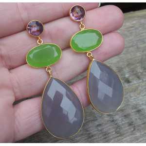 Gold plated earrings with grey and green Chalcedony and Amethyst