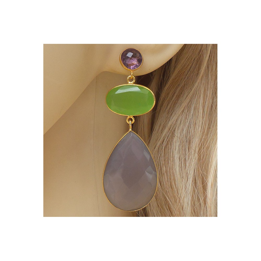 Gold plated earrings with grey and green Chalcedony and Amethyst