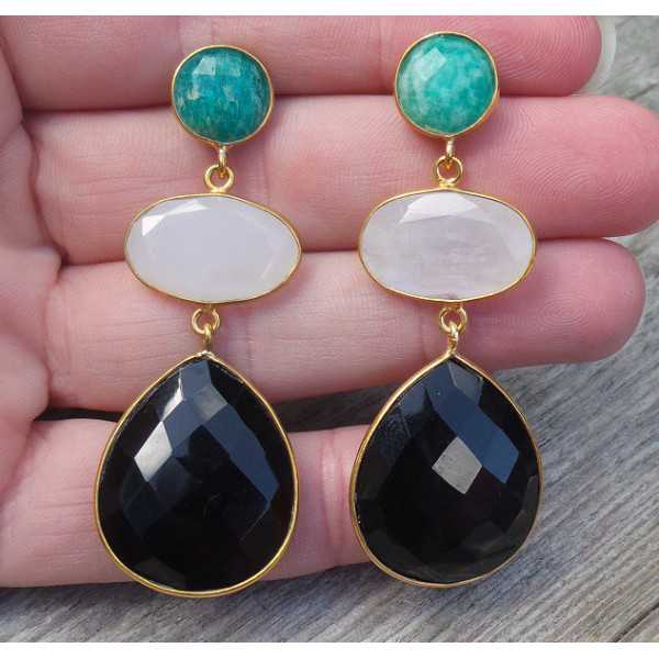 Gold plated earrings with Moonstone, Amazonite and Onyx