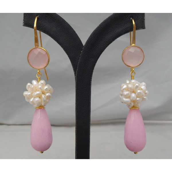 Gold plated earrings with pink Jade, pearls and Chalcedony