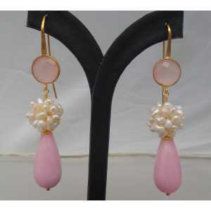 Gold plated earrings with pink Jade, pearls and Chalcedony