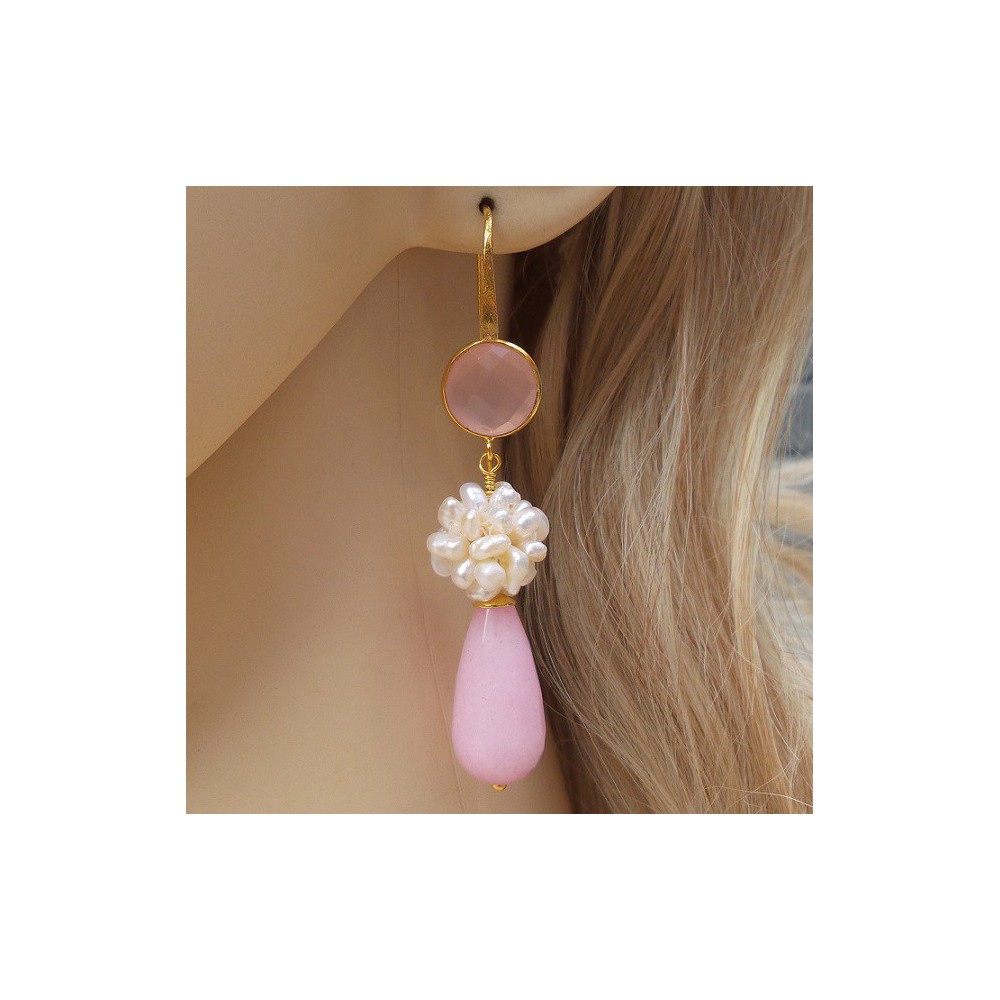 Gold plated earrings with pink Jade, pearls and Chalcedony