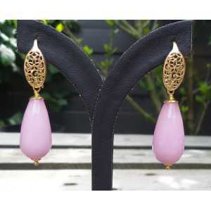 Gold plated earrings with light pink Jade briolet