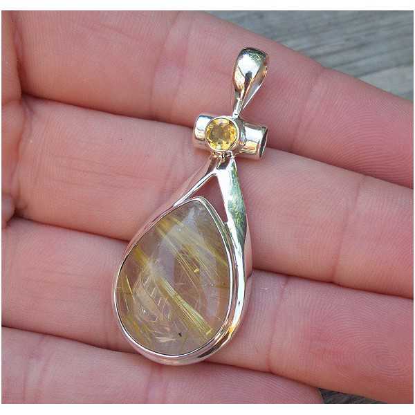 Silver pendant with round Citrine and golden Rutielkwarts 