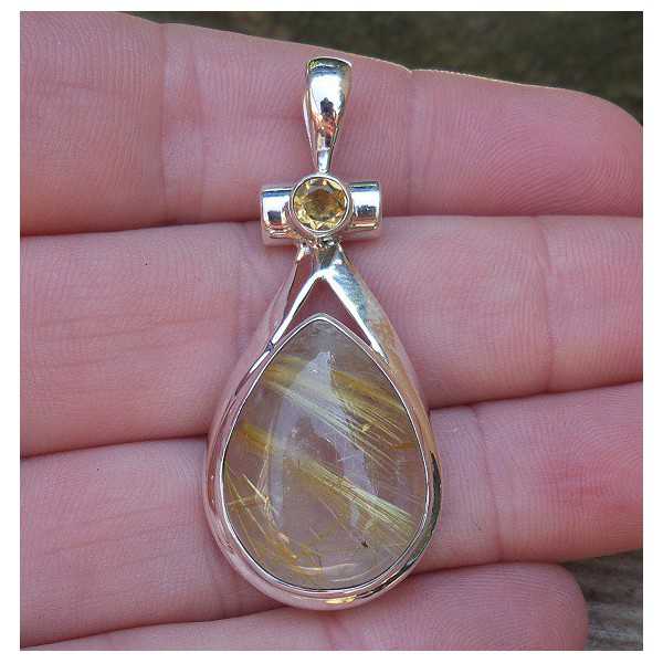 Silver pendant with round Citrine and golden Rutielkwarts 