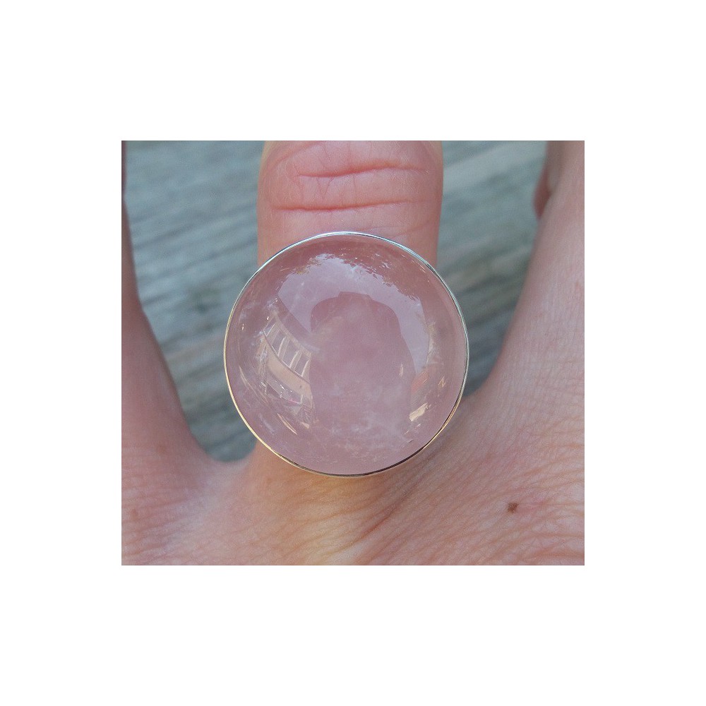 Silver ring set with a round cabochon rose quartz 17 mm 