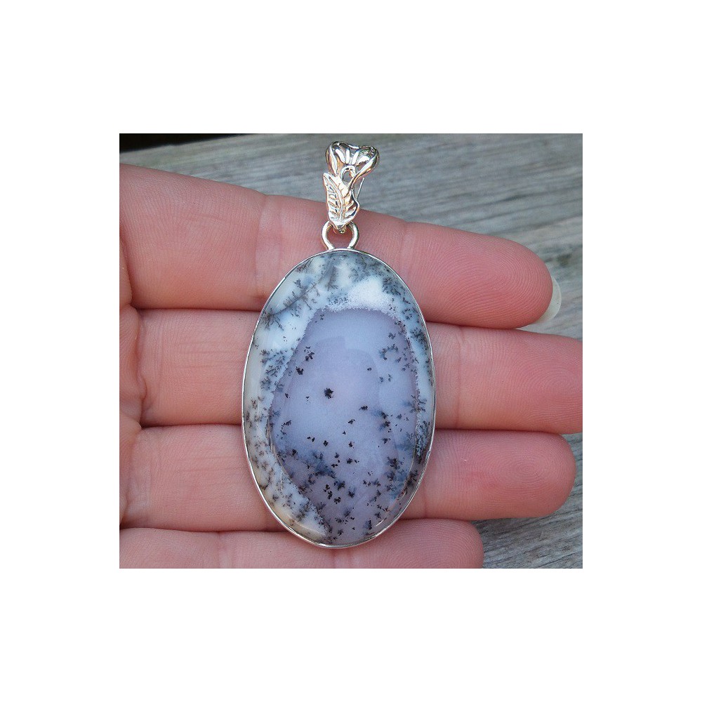 Silver pendant set with oval Dendrite Opal edited parenthesis 