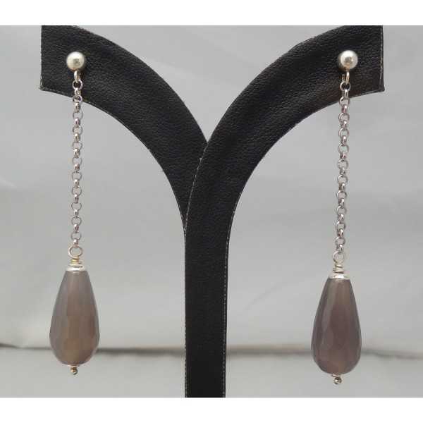 Silver long earrings with narrow grey Agate briolet 