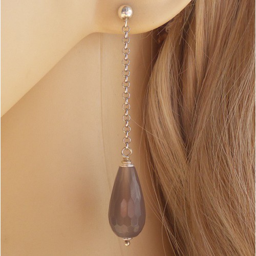 Zilveren lange oorbellen met smalle grijze Agaat briolet 