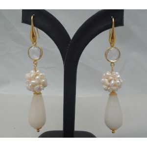 Gold plated earrings full of Gems, white Jade and Crystal