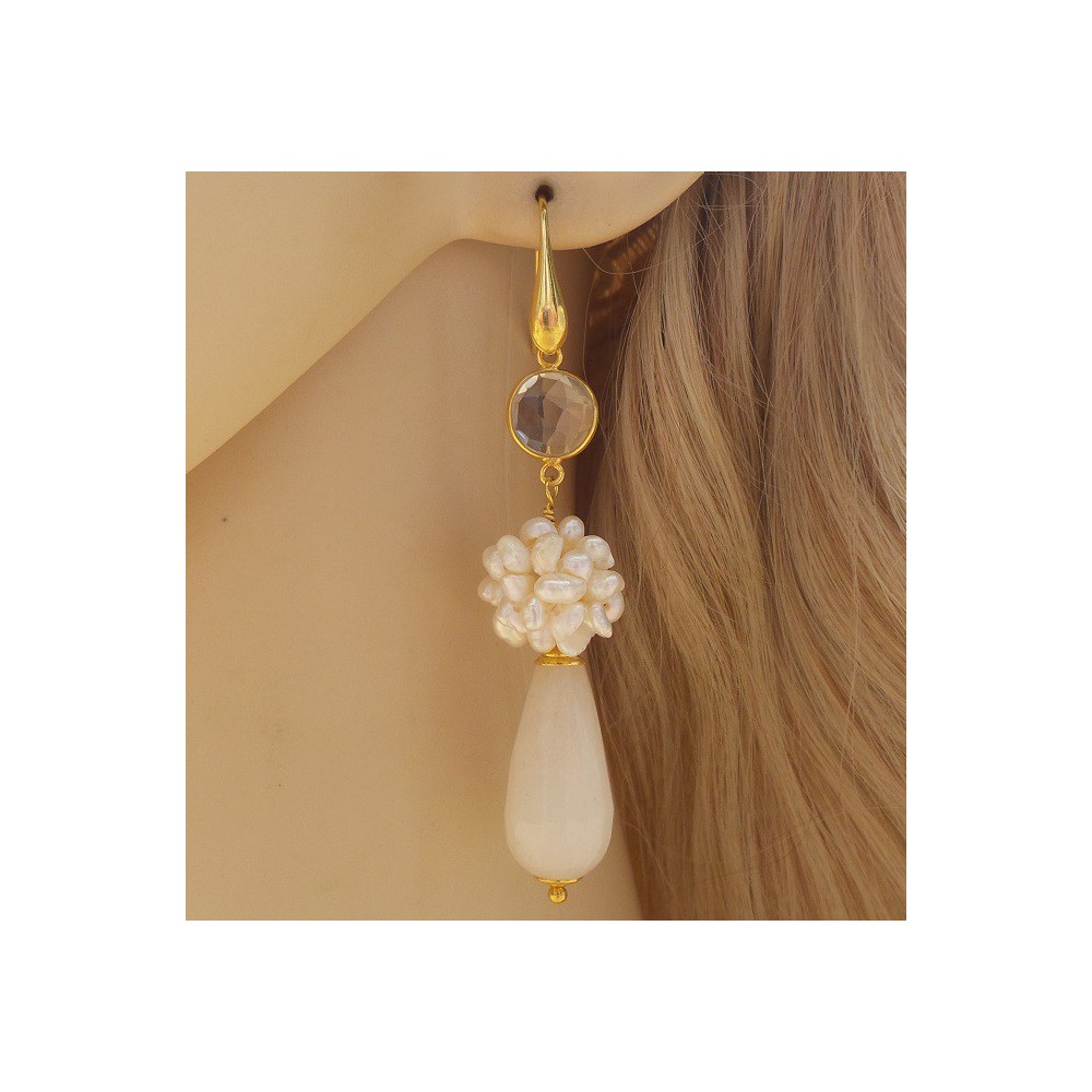 Gold plated earrings full of Gems, white Jade and Crystal