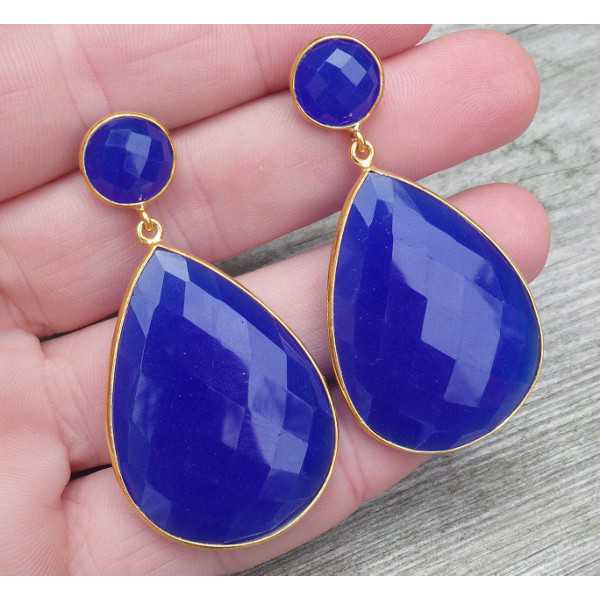 Gold plated earrings with round and drop shape blue Chalcedony