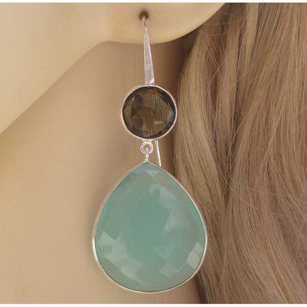 Silver earrings set with Smokey Topaz and aqua Chalcedony