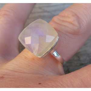 Silver ring set with square facet rainbow Moonstone 