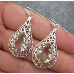 Silver earrings with green Amethyst in open worked setting