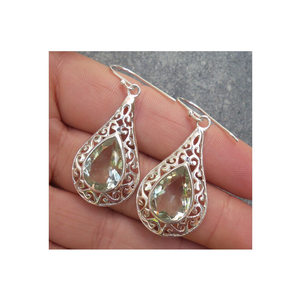 Silver earrings with green Amethyst in open worked setting