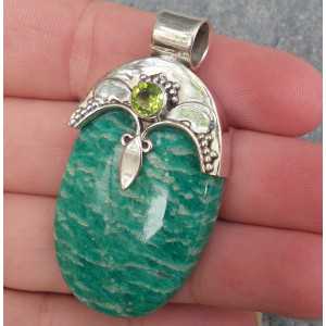 Silver pendant with oval Amazonite and round Peridot