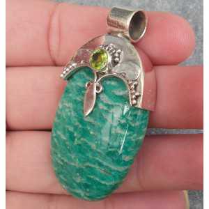 Silver pendant with oval Amazonite and round Peridot