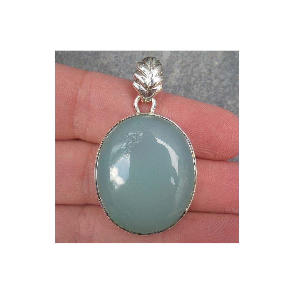 Silver pendant set with large oval cabochon aqua Chalcedony