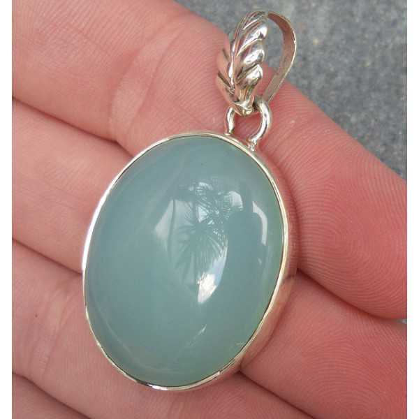 Silver pendant set with large oval cabochon aqua Chalcedony